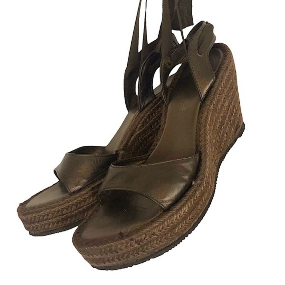 KENNETH COLE Chocolate Brown Bronze Metallic Leather Espadrille Wedge Ankle Wrap